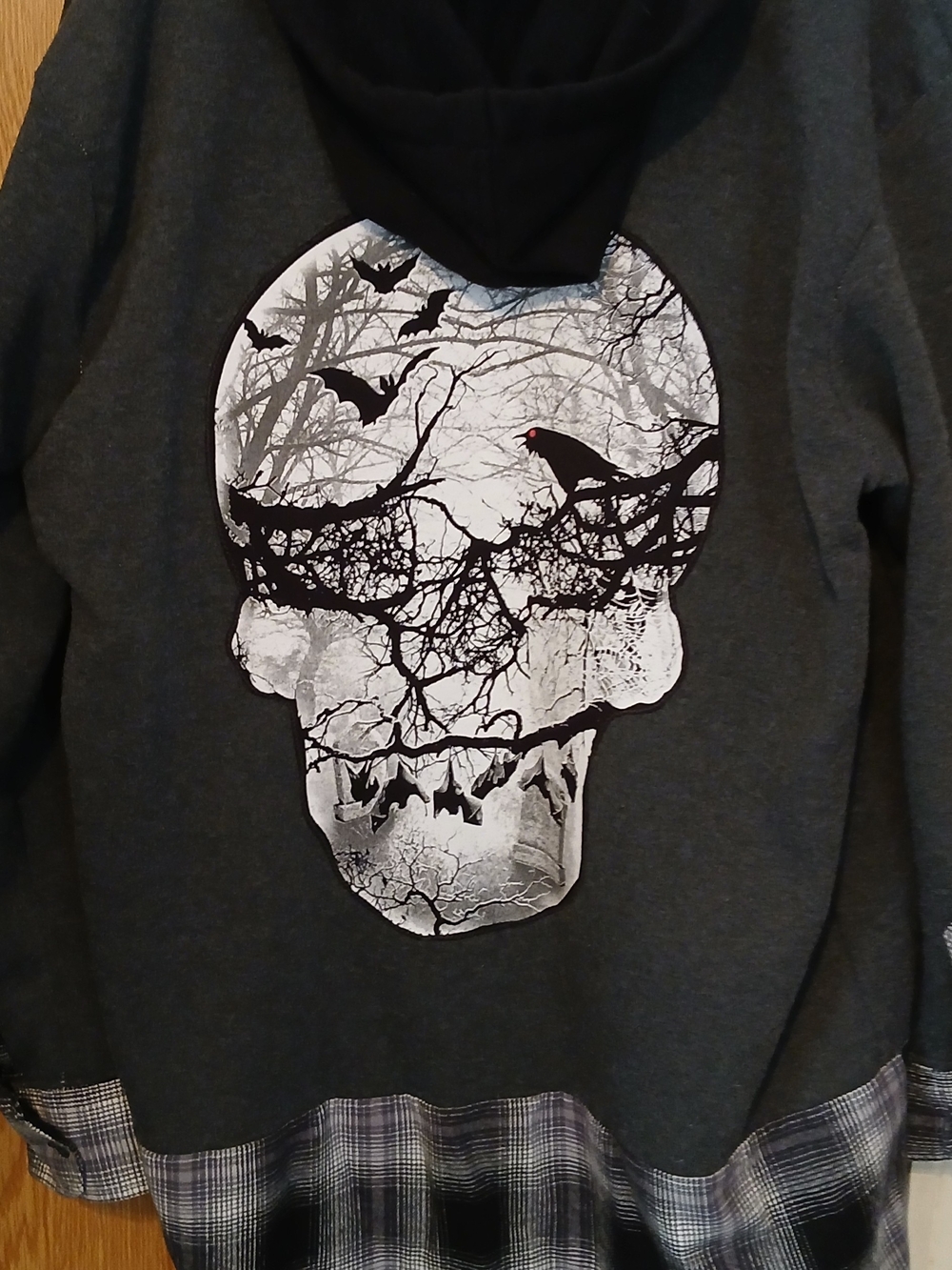 Women's Dark Gray Gothic Hooded Jacket With Skull And Ravens San Diego Graphic
